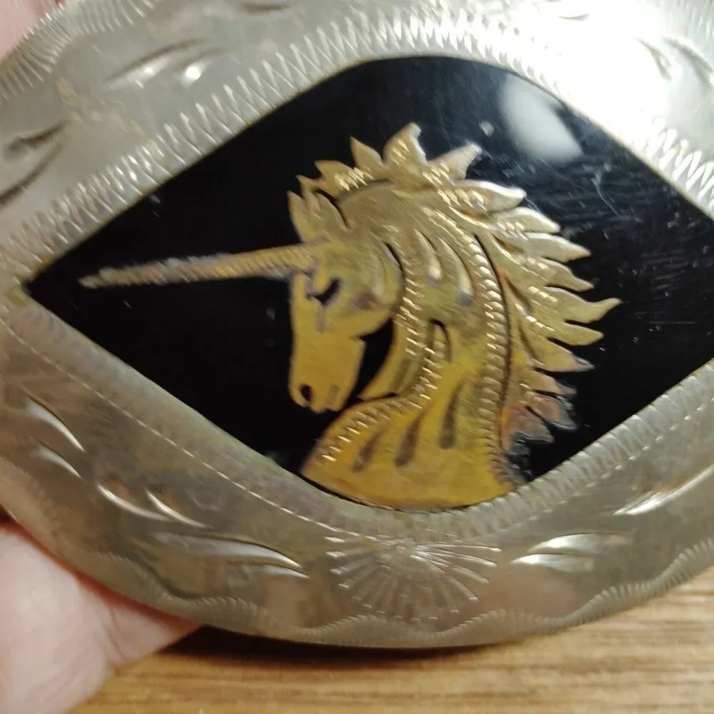 Vintage Unicorn Oval Belt Buckle Silver Tone USA Mystical Fantasy Magical Carved